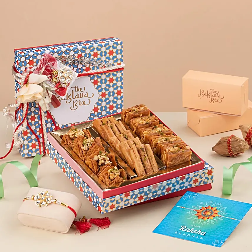 Handcrafted Kundan Rakhi Set N Premium Baklava Box