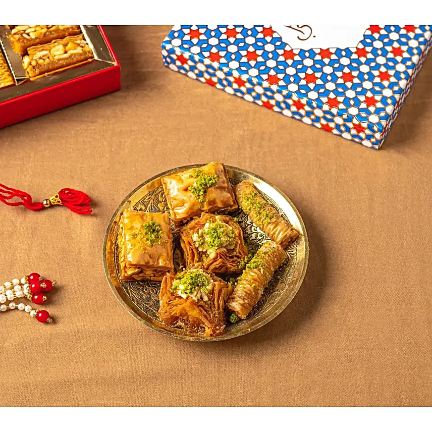 Handcrafted Kundan Rakhi Set N Premium Baklava Box