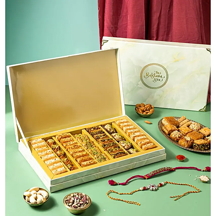 Handcrafted Kundan Rakhi Set N Royal Baklava Box