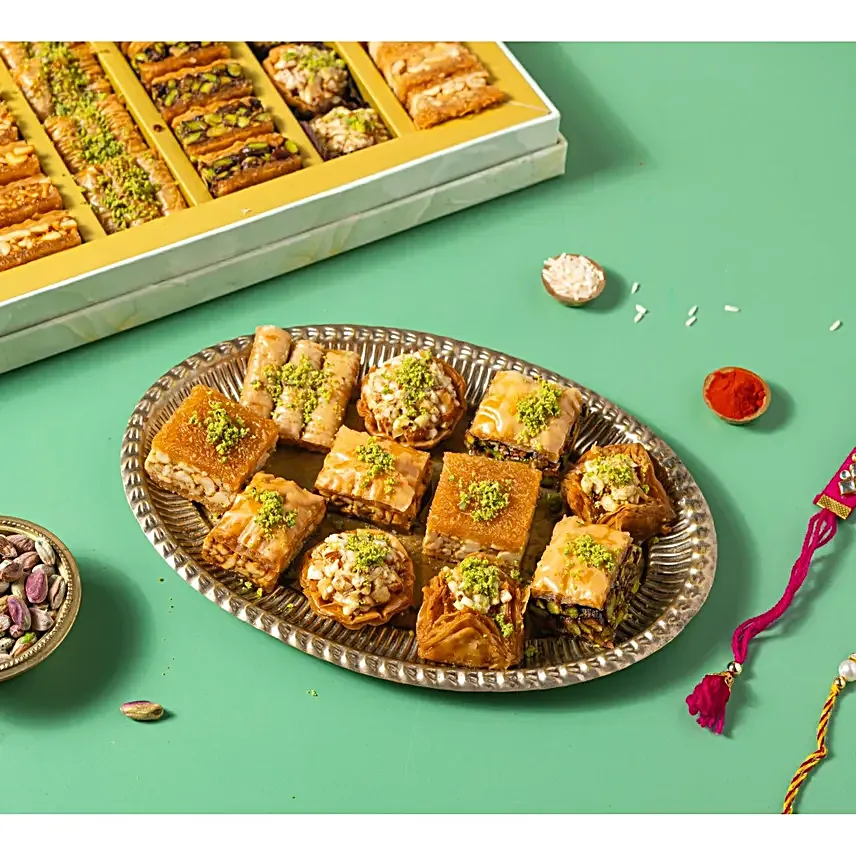Handcrafted Kundan Rakhi Set N Royal Baklava Box