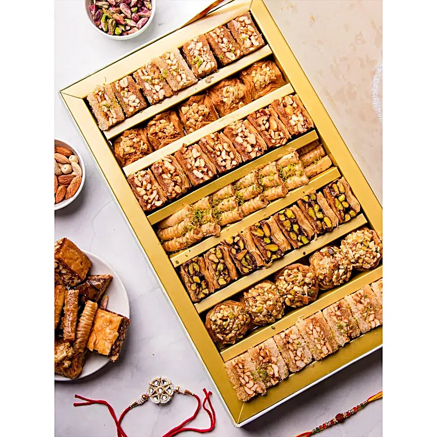 Handcrafted Kundan Rakhi Set N Royal Baklava Box