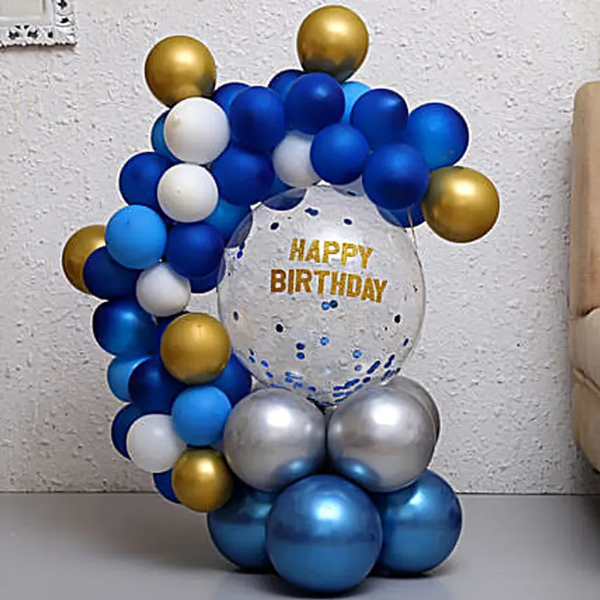 Happy Bday Blue and Golden Balloon Bouquet