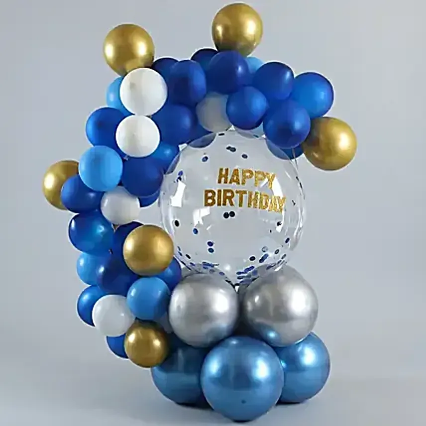 Happy Bday Blue and Golden Balloon Bouquet