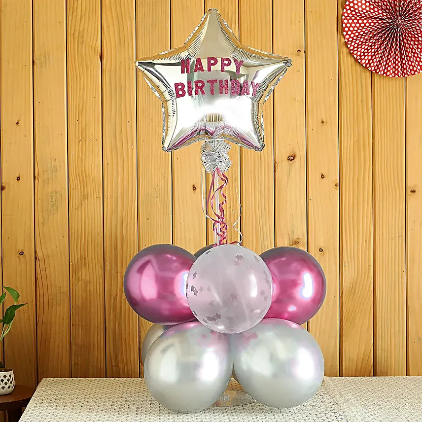 Happy Birthday Star Balloon Bouquet Silver and Pink