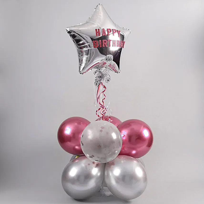 Happy Birthday Star Balloon Bouquet Silver and Pink