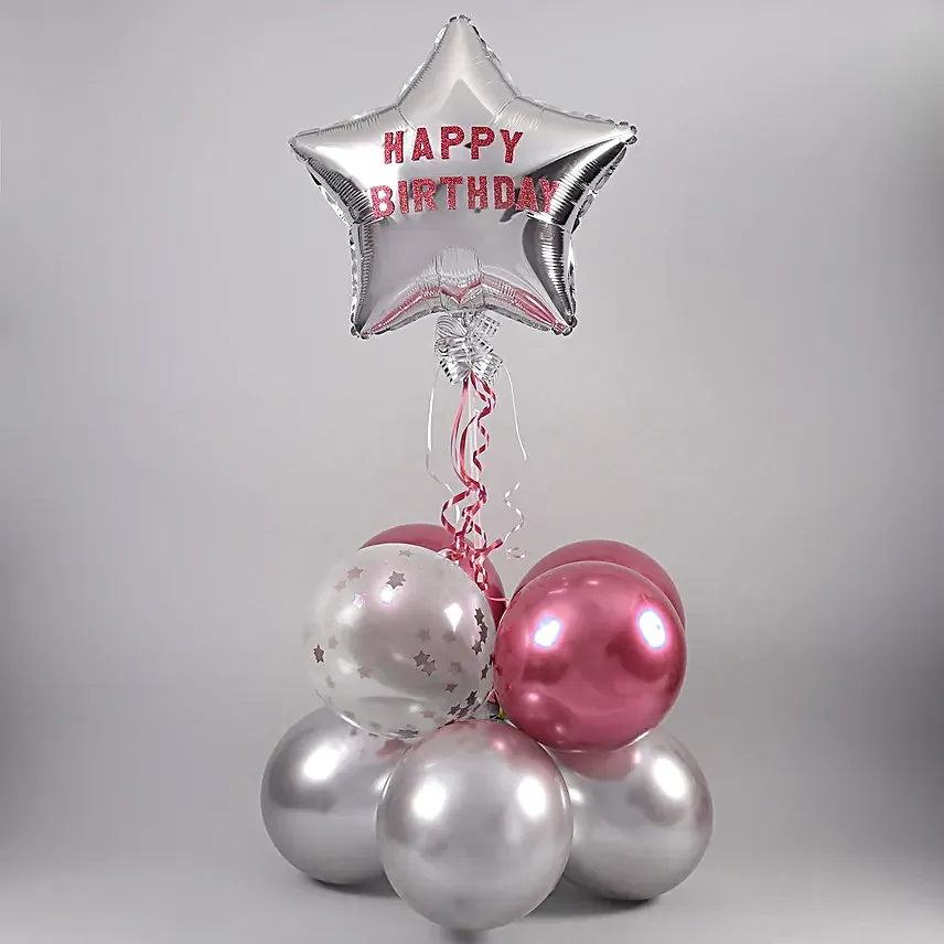 Happy Birthday Star Balloon Bouquet Silver and Pink