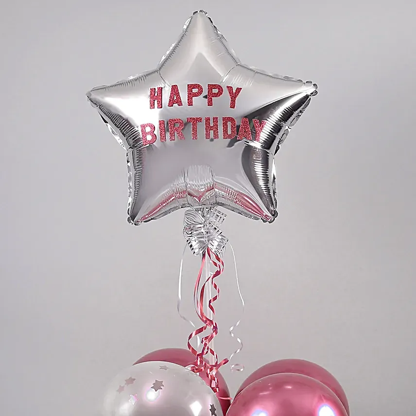 Happy Birthday Star Balloon Bouquet Silver and Pink