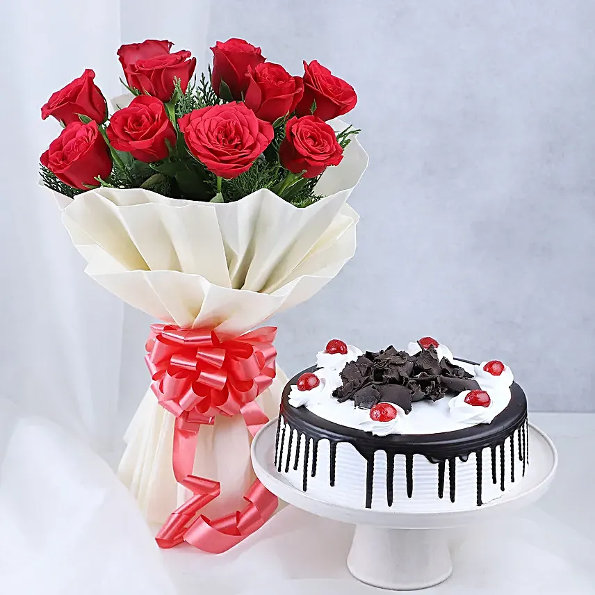 Happy Father's Day Red Rose Bouquet and Black Forest Cake