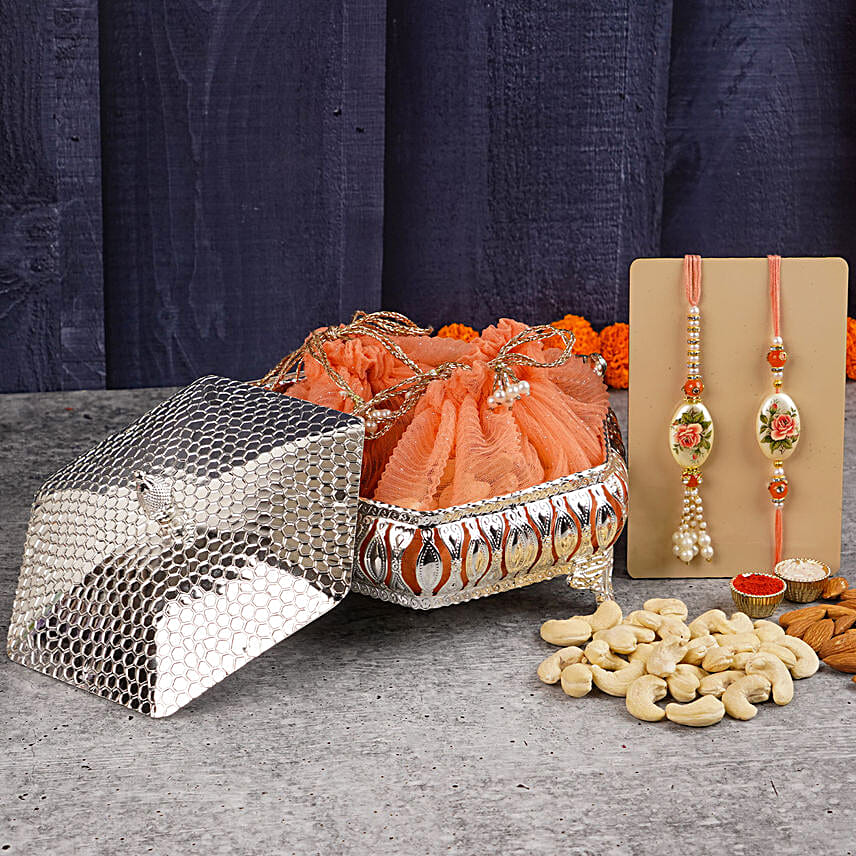 Japanese Stone Bhaiya Bhabhi Rakhi Set N Dryfruits Silver Box