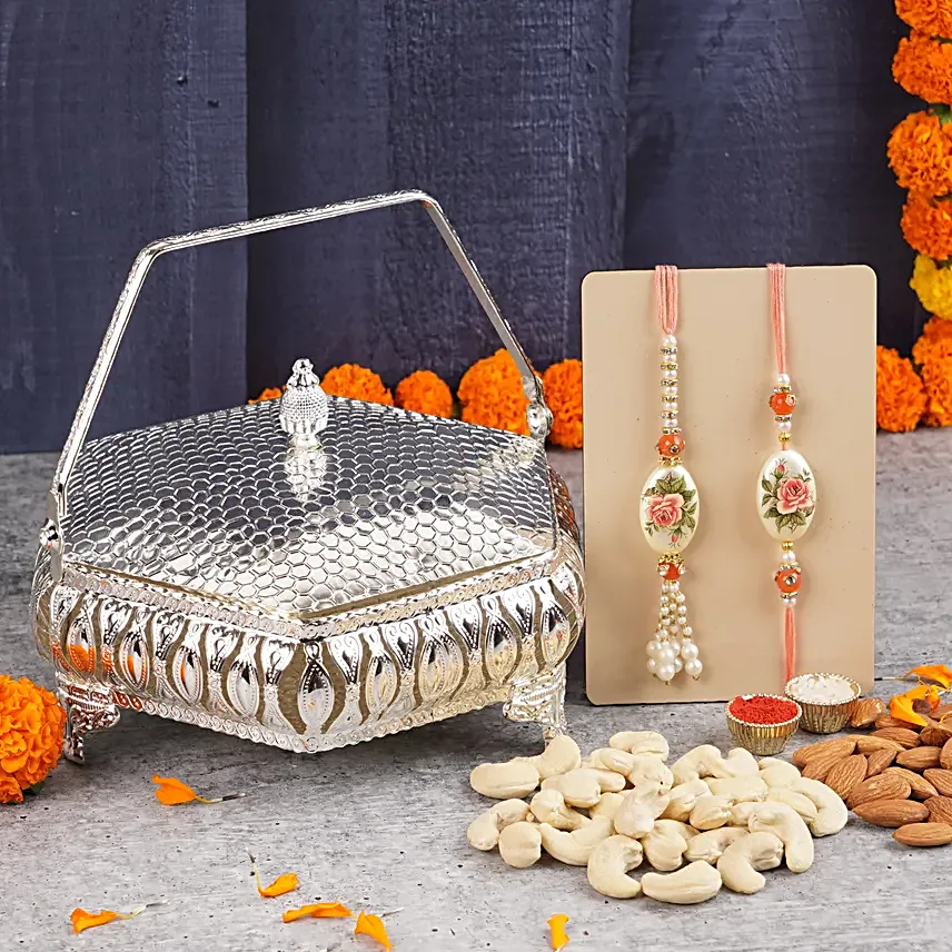 Japanese Stone Bhaiya Bhabhi Rakhi Set N Dryfruits Silver Box