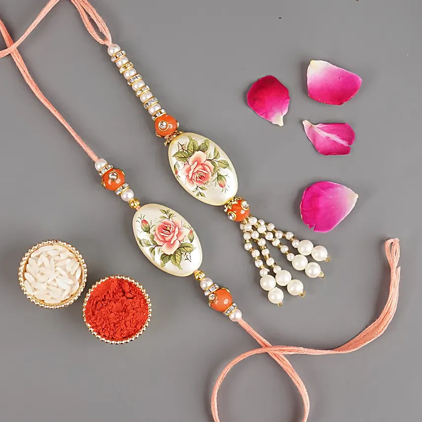 Japanese Stone Bhaiya Bhabhi Rakhi Set N Dryfruits Silver Box