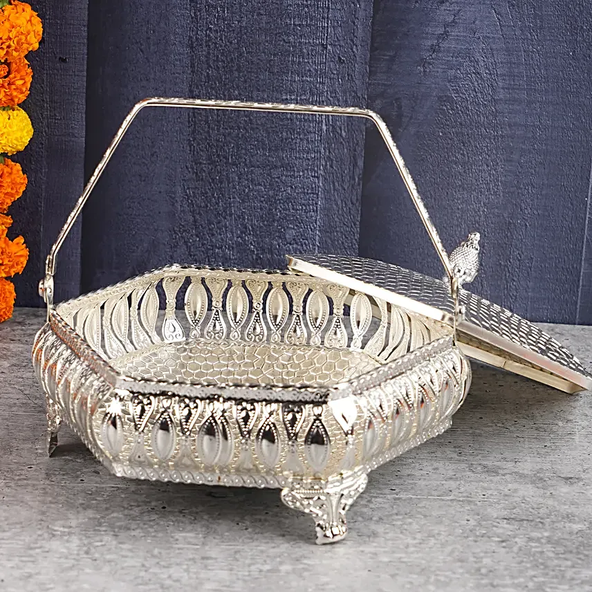 Japanese Stone Bhaiya Bhabhi Rakhi Set N Dryfruits Silver Box