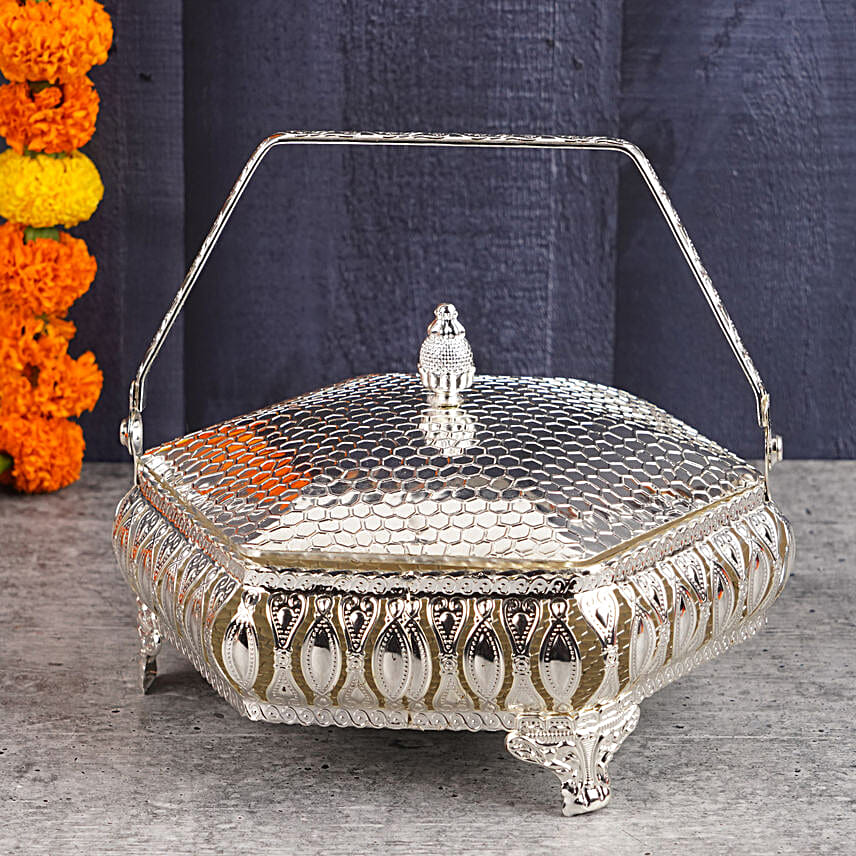 Japanese Stone Bhaiya Bhabhi Rakhi Set N Dryfruits Silver Box