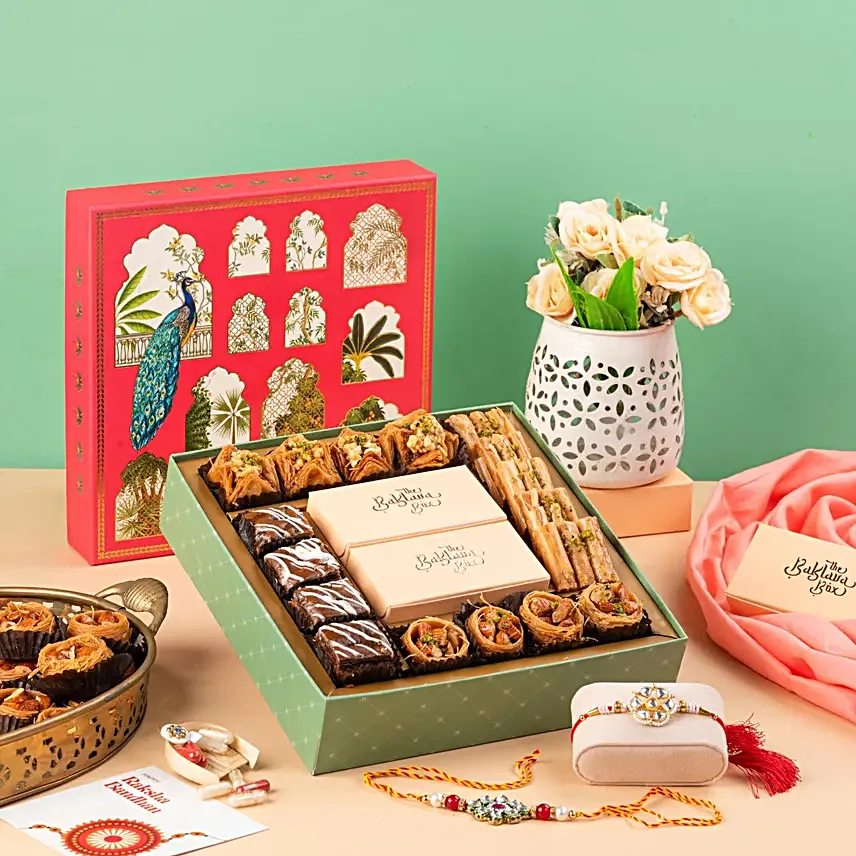 Kundan Rakhi Set N Baklava Peacock Beauty Box