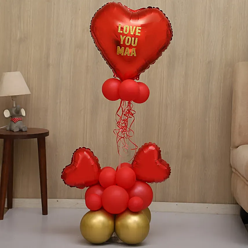 Love You Maa Red And Golden Balloon Bouquet