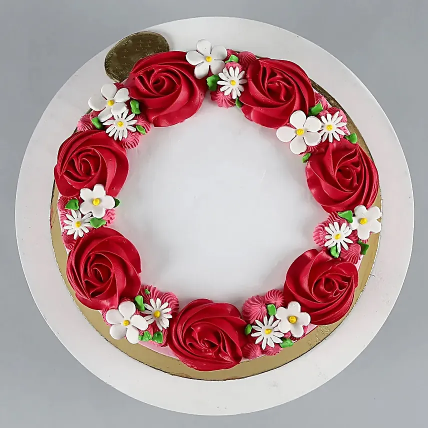Lovely Red Roses Around Chocolate Cake Eggless Half Kg