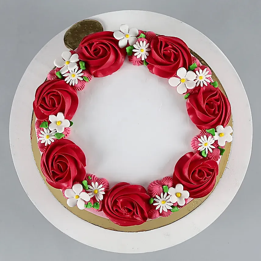 Lovely Red Roses Around Chocolate Cake Half Kg