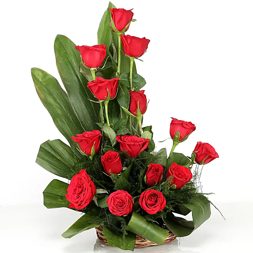 Cane basket arrangement of 15 red roses, draceane leaves and seasonal filler