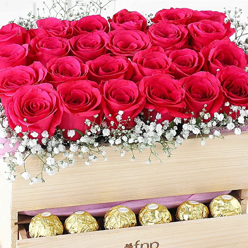 Lovely Roses Ferrero Rocher Wooden Arrangement