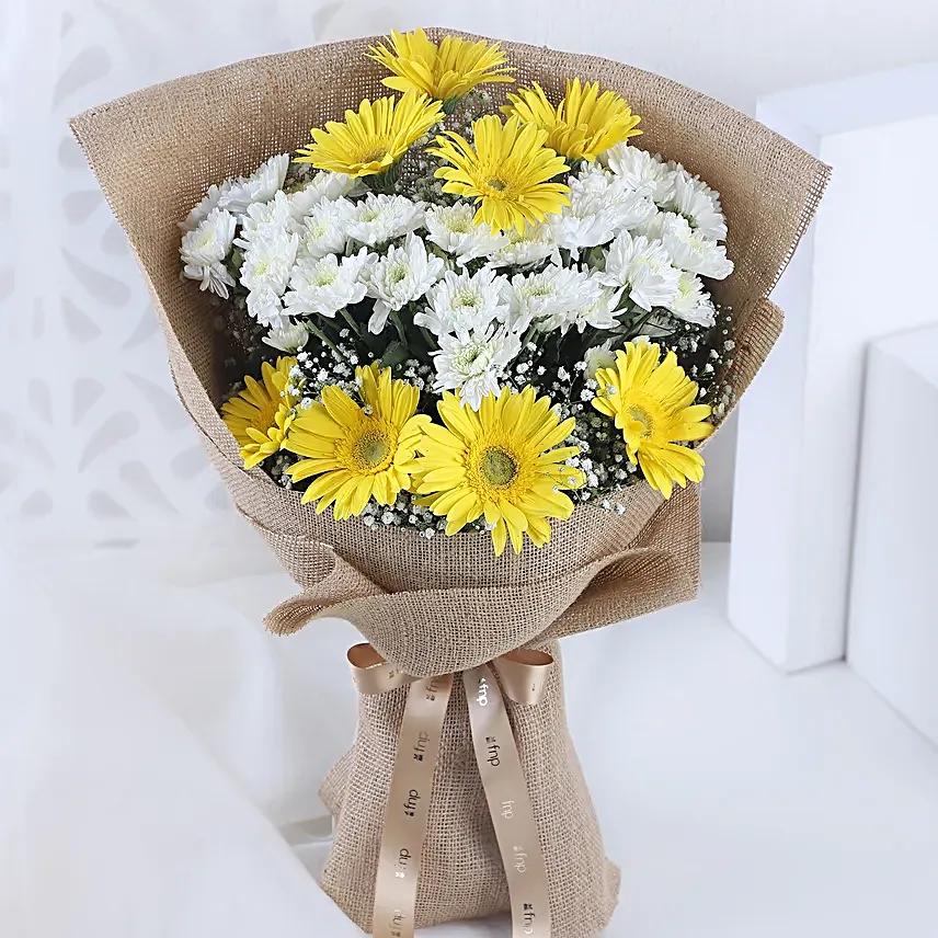 Lovely Yellow White Flowers Jute Bouquet
