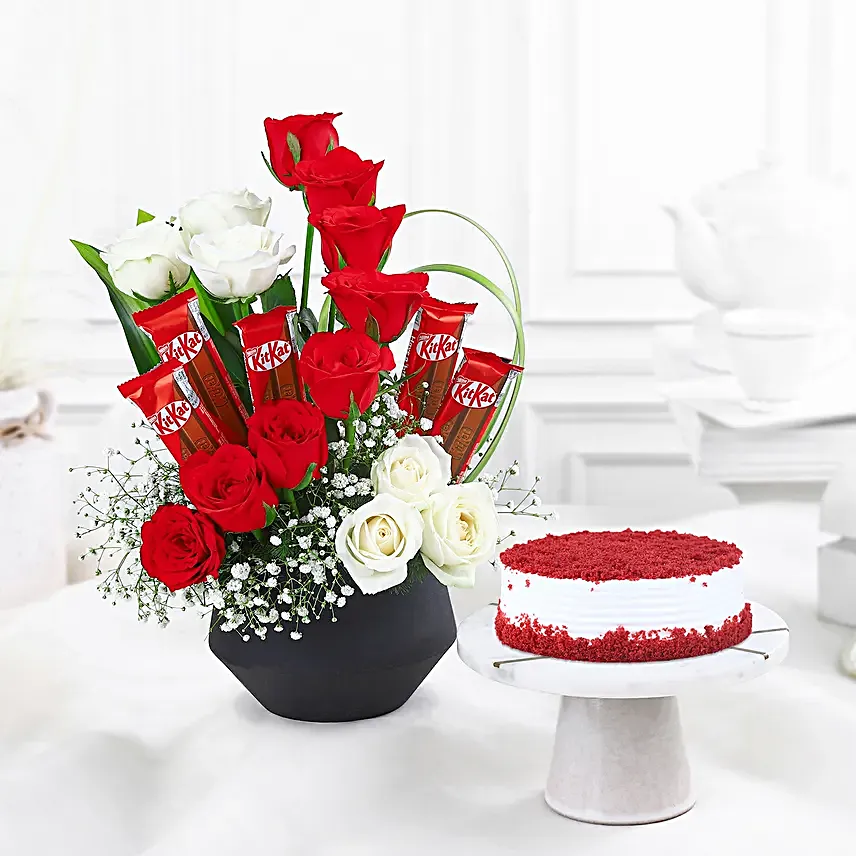 Loves Elegance Red Velvet Delight Cake N Red Roses Ensemble
