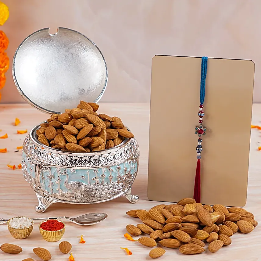 Mangal Ratna Kundan Rakhi N Almonds Silver Box