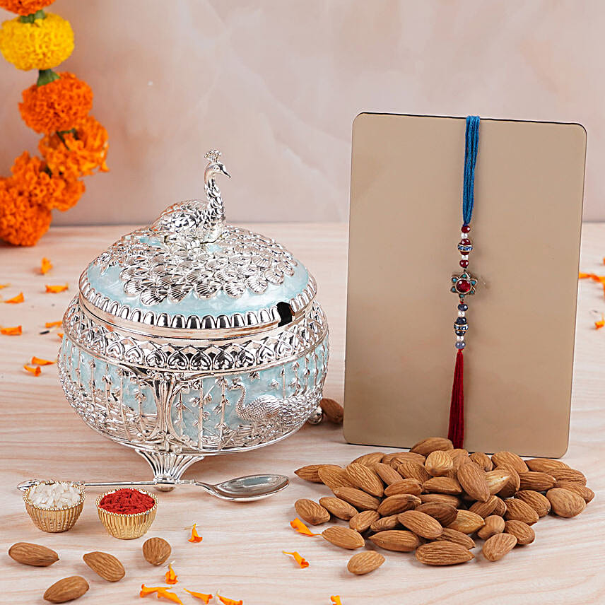 Mangal Ratna Kundan Rakhi N Almonds Silver Box
