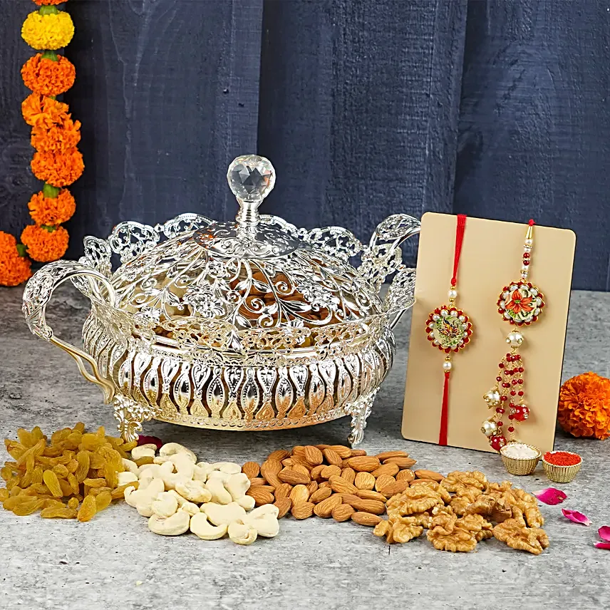 Mangalmay Jhalak Bhaiya Bhabhi Rakhis N Dryfruits Silver Box