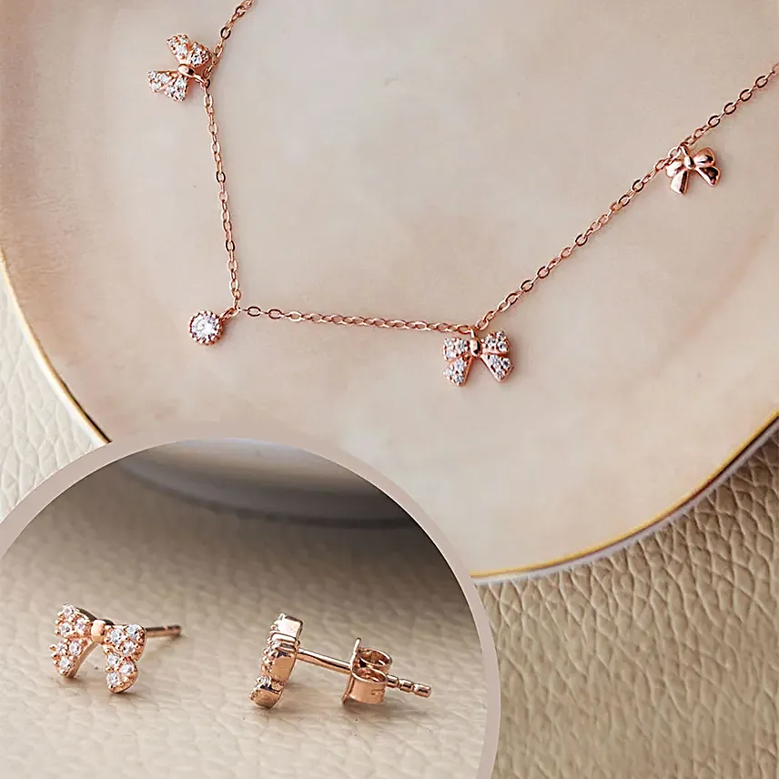 Mannash Cutie Bow Rose Gold Plated Sterling Silver Necklace Set