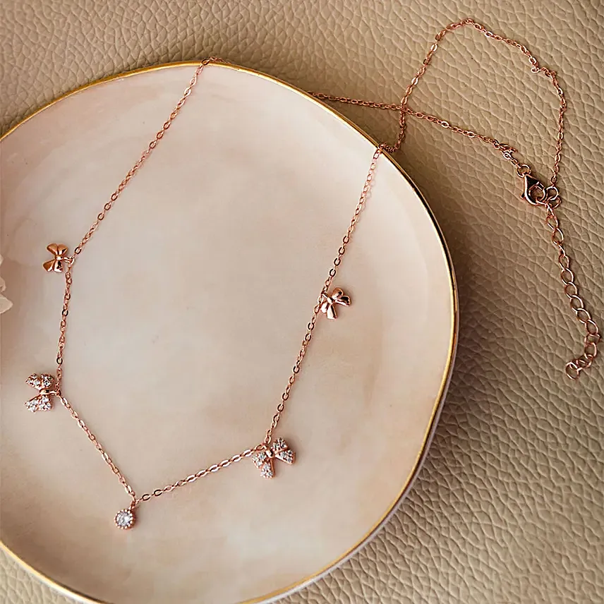 Mannash Cutie Bow Rose Gold Plated Sterling Silver Necklace Set
