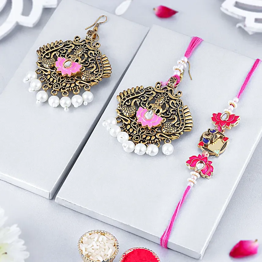 Meenakari Earring Style Bhaiya Bhabhi Rakhi Set
