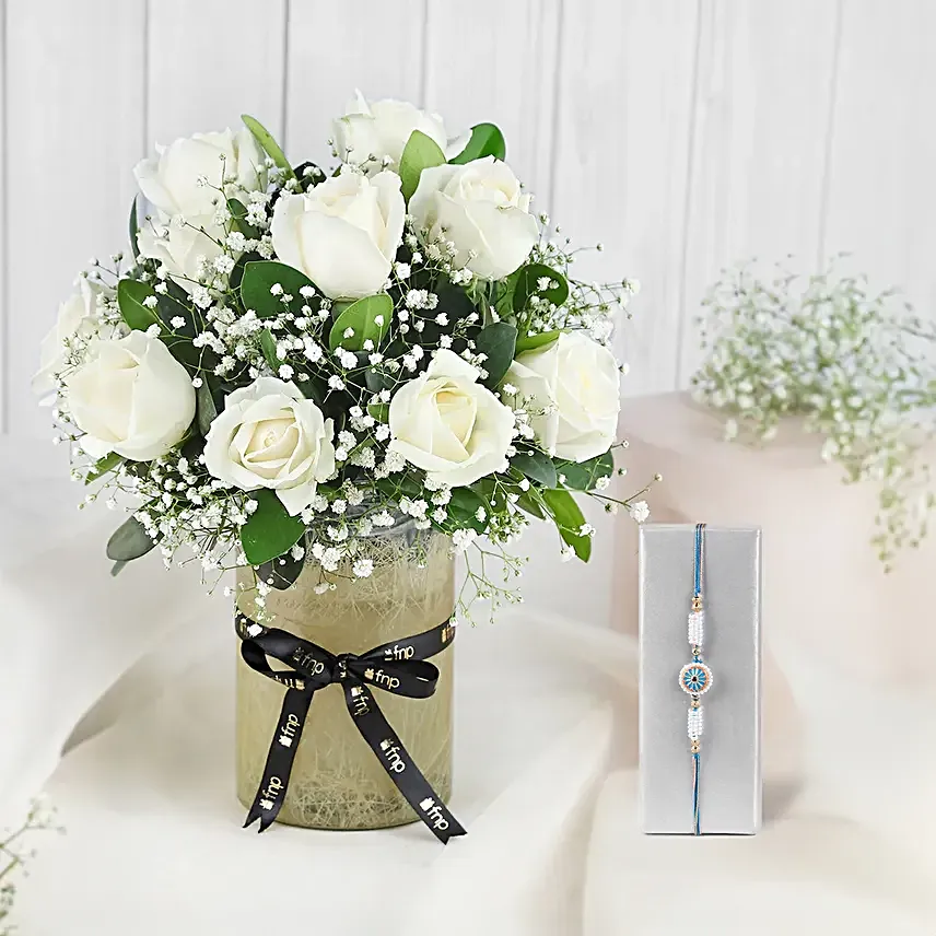 Meenakari Love Bond Rakhi N Serene Roses Vase