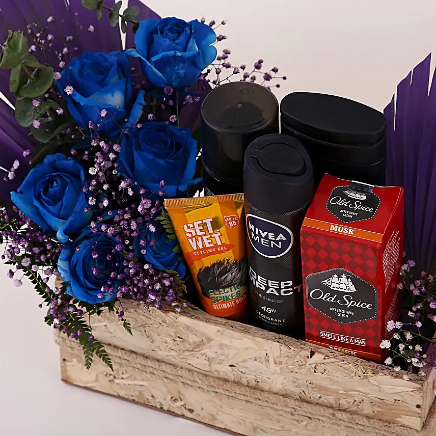 Men's Grooming Kit N Roses Wooden Tray