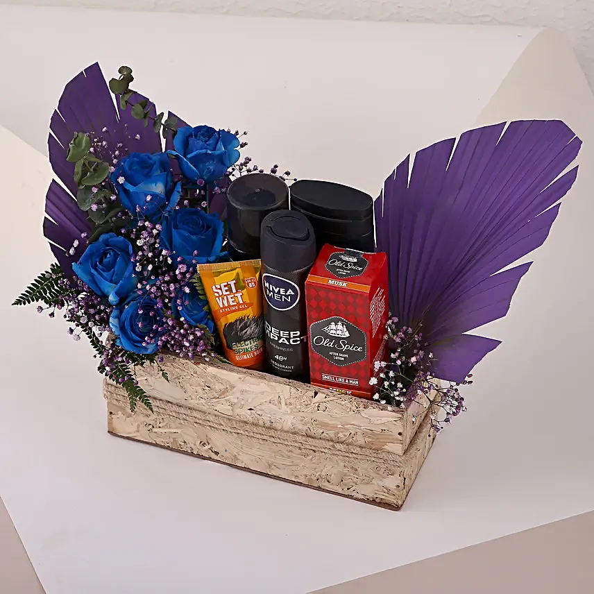 Men's Grooming Kit N Roses Wooden Tray