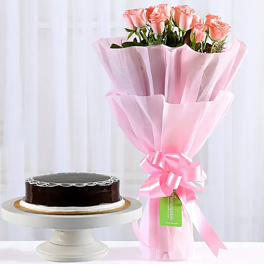 Mini Pink Roses Bouquet & Truffle Cake