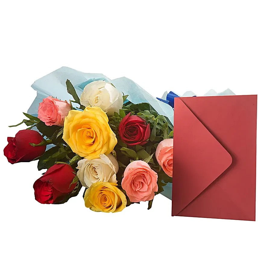 Mix Roses N Greeting Card - Bunch of 10 Mix roses and a greeting card.