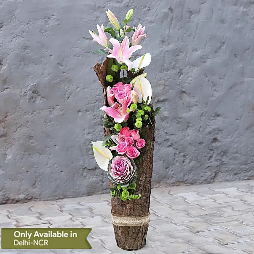 Mixed Flowers In Cylindrical Wooden Vase