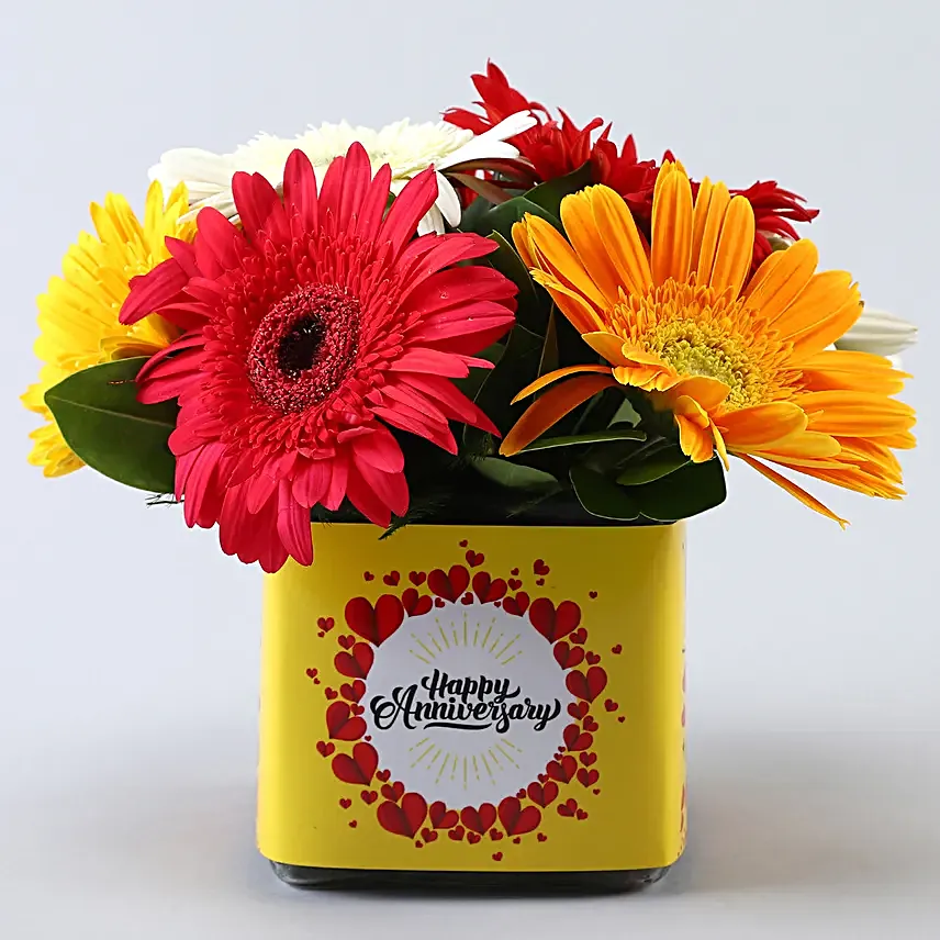 Mixed Gerberas In Yellow Anniversary Vase