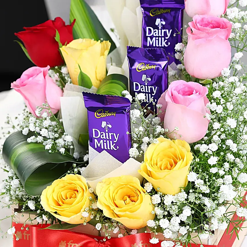 Mixed Roses Arrangement With Dairy Milk Chocolates
