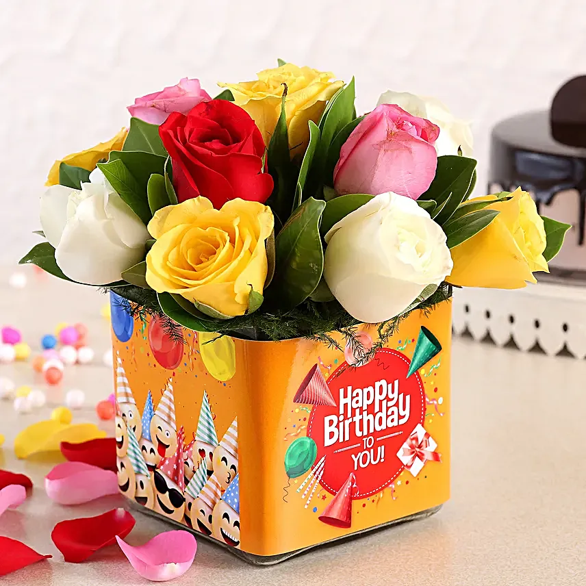 Mixed Roses In Orange Happy Bday Vase