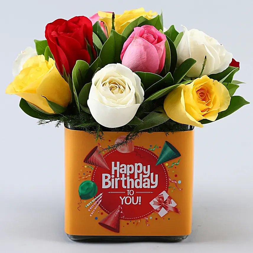 Mixed Roses In Orange Happy Bday Vase