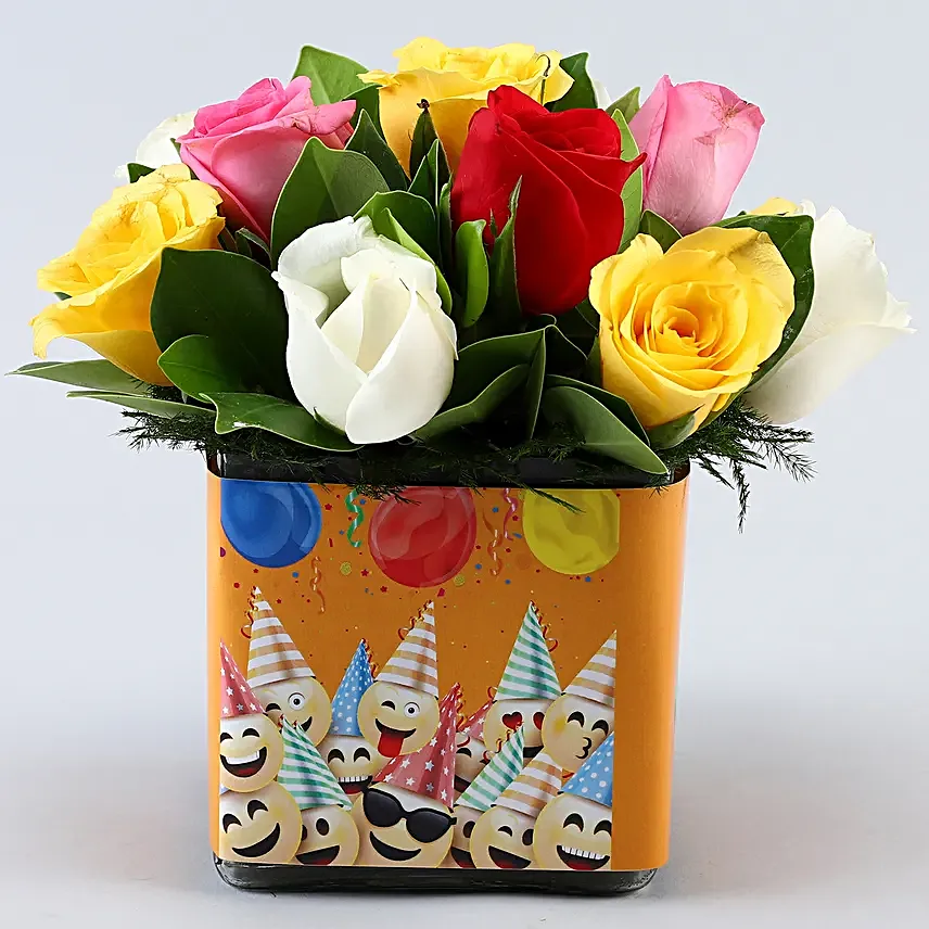 Mixed Roses In Orange Happy Bday Vase