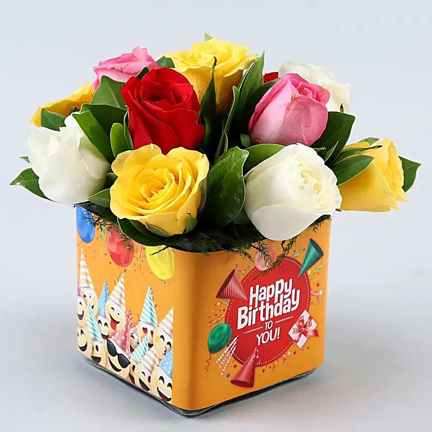 Mixed Roses In Orange Happy Bday Vase