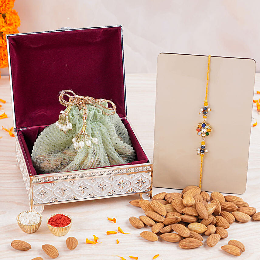 Navratna Samrat Stone Rakhi N Almonds Silver Box