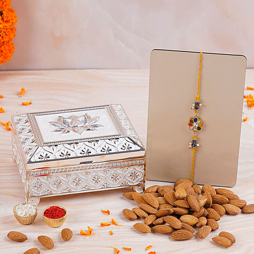 Navratna Samrat Stone Rakhi N Almonds Silver Box