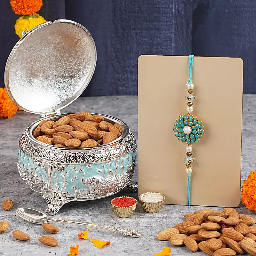 Neel Pushpa Pacchi Rakhi N Almonds Silver Box