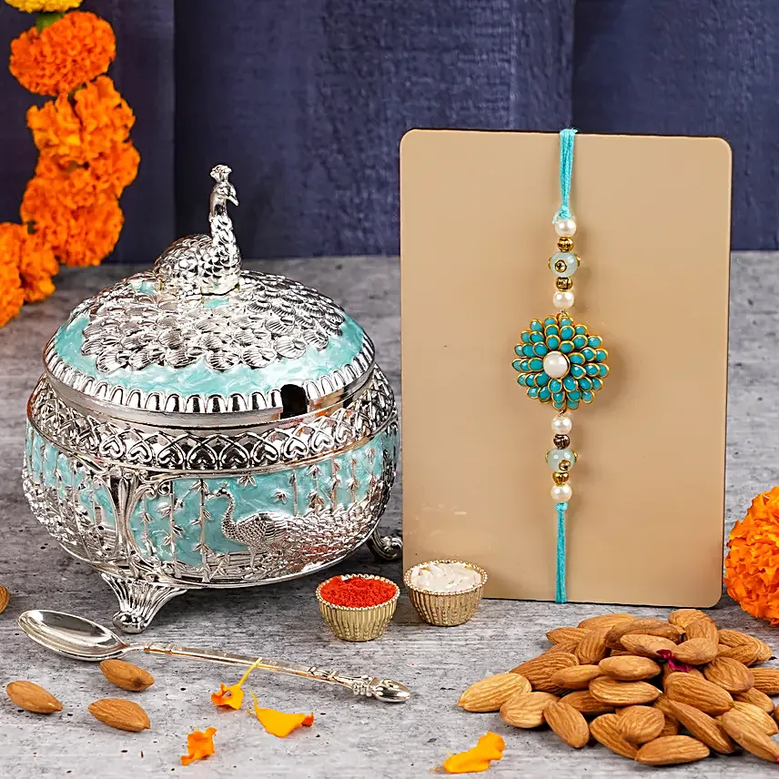 Neel Pushpa Pacchi Rakhi N Almonds Silver Box