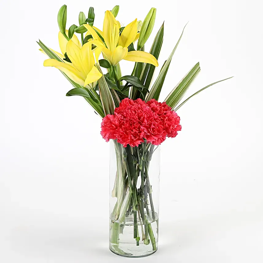 Orange Delight - Glass Vase arrangement of 6 orange carnations and 2 yellow lilies.