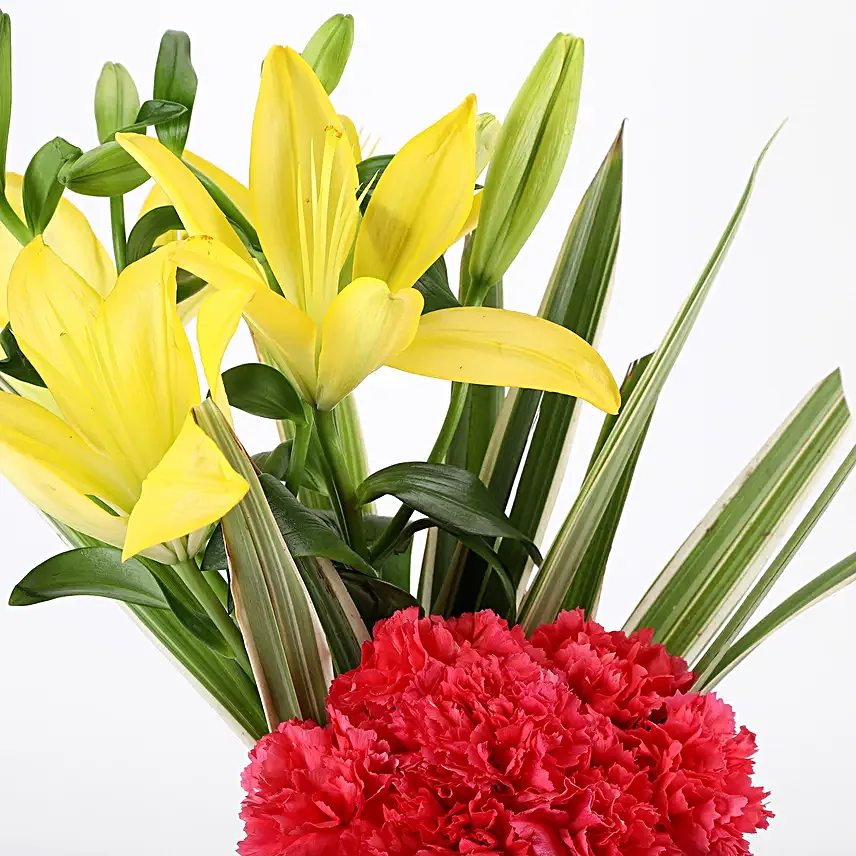Orange Delight - Glass Vase arrangement of 6 orange carnations and 2 yellow lilies.