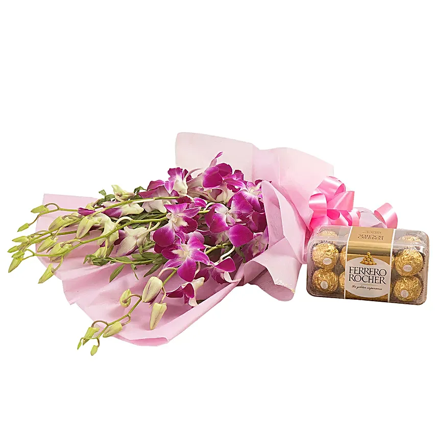 Orchids N Chocolates - Bunch of 6 Purple Orchids and 200gm Ferrero Rocher.